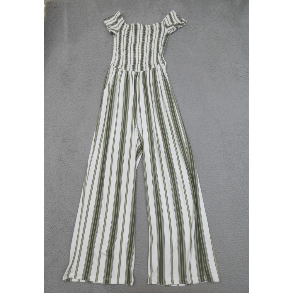 Justify Smocked Jumpsuit Medium Green‎ White Stripe Off Shoulder Wide Leg Casual